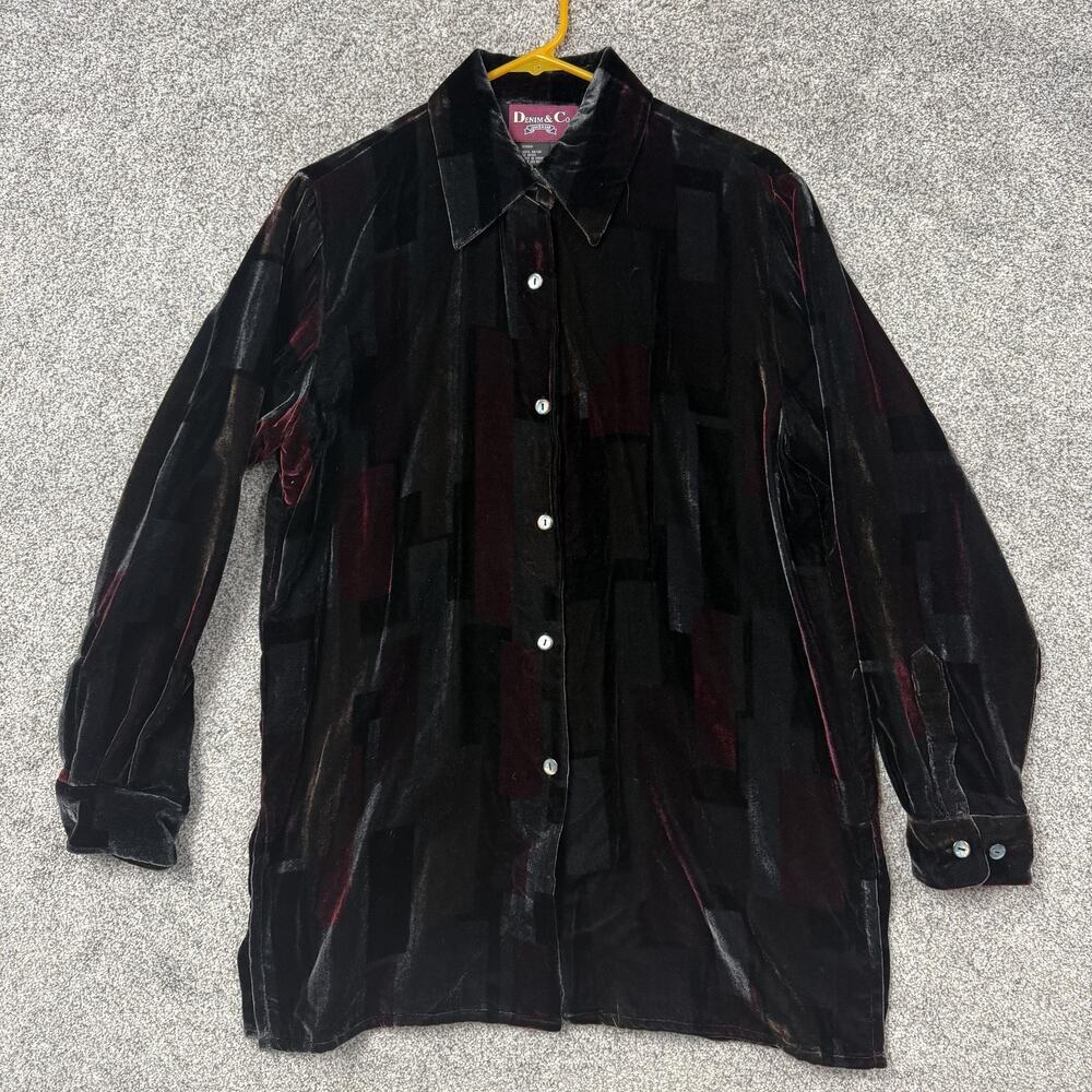 Vintage Y2K Denim & Co Crushed Velvet Shirt S Whimsigoth Indie Sleaze Grunge